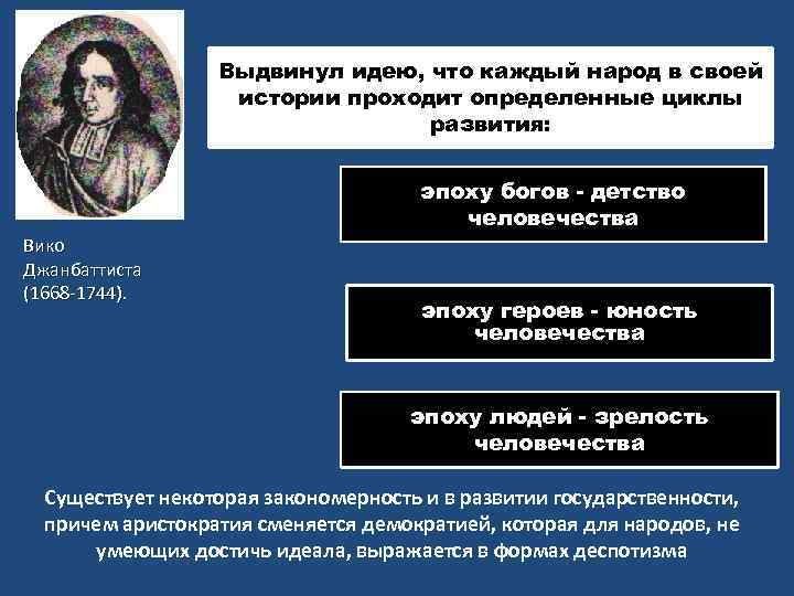 Выдвинул идею, что каждый народ в своей истории проходит определенные циклы развития: эпоху богов