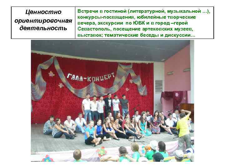 Ценностно ориентировочная деятельность Встречи в гостиной (литературной, музыкальной …), конкурсы-посвящения, юбилейные творческие вечера, экскурсии