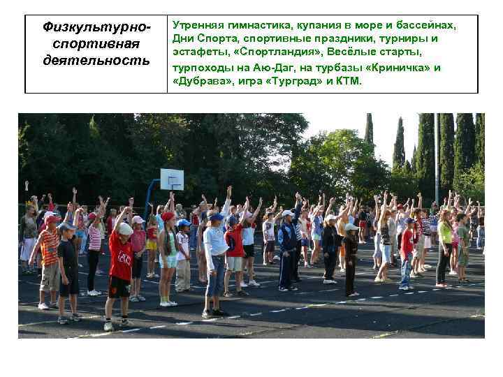 Физкультурноспортивная деятельность Утренняя гимнастика, купания в море и бассейнах, Дни Спорта, спортивные праздники, турниры