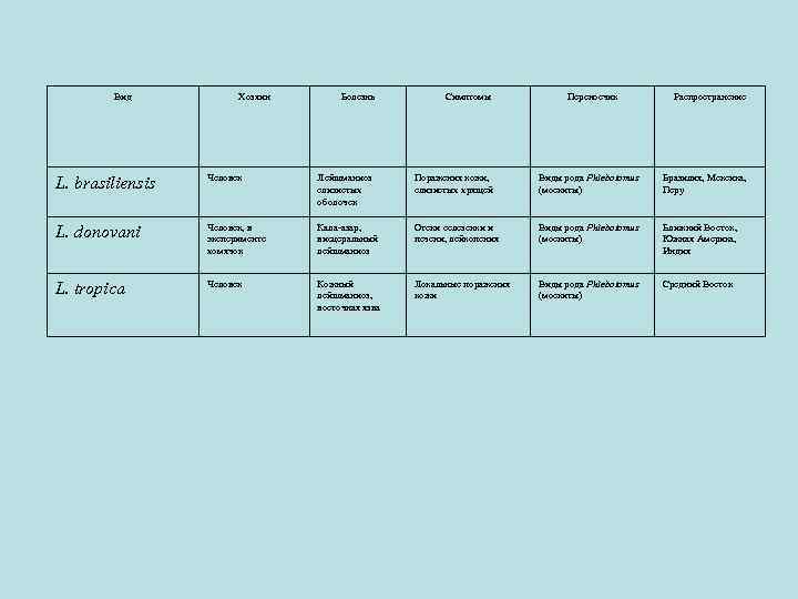 Вид Хозяин Болезнь Симптомы Переносчик Распространение L. brasiliensis Человек Лейшманиоз слизистых оболочек Поражения кожи,