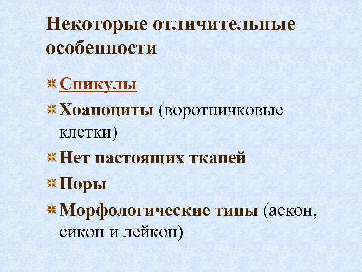 Некоторые отличительные особенности Спикулы Хоаноциты (воротничковые клетки) Нет настоящих тканей Поры Морфологические типы (аскон,