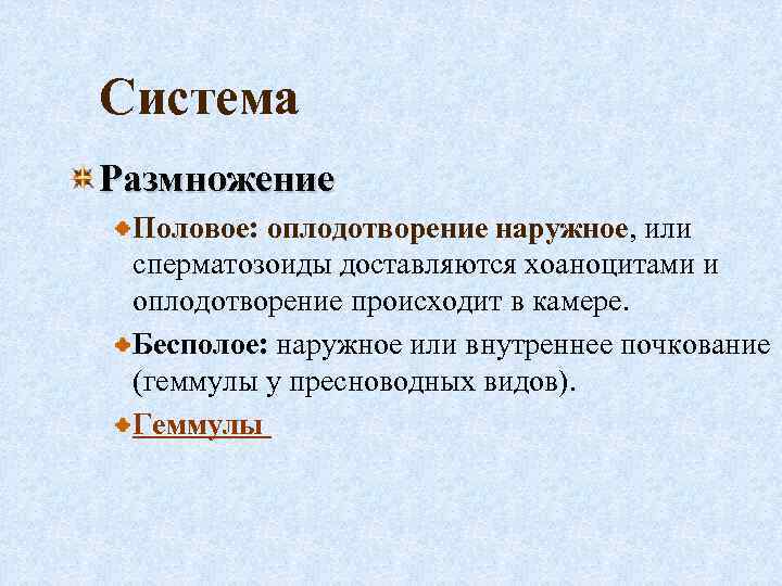 Система Размножение Половое: оплодотворение наружное, или сперматозоиды доставляются хоаноцитами и оплодотворение происходит в камере.