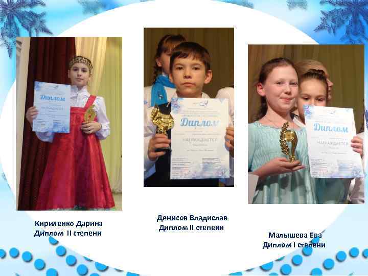 Кириленко Дарина Диплом II степени Денисов Владислав Диплом II степени Малышева Ева Диплом I