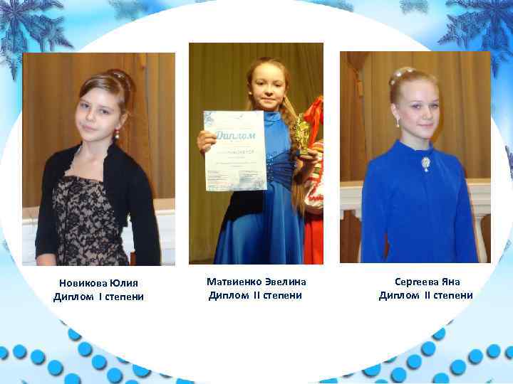 Новикова Юлия Диплом I степени Матвиенко Эвелина Диплом II степени Сергеева Яна Диплом II