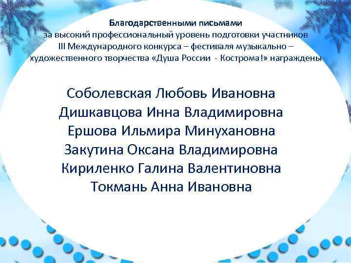 Благодарственными письмами за высокий профессиональный уровень подготовки участников III Международного конкурса – фестиваля музыкально
