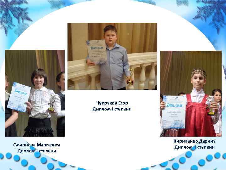 Чупраков Егор Диплом I степени Смирнова Маргарита Диплом I степени Кириленко Дарина Диплом I