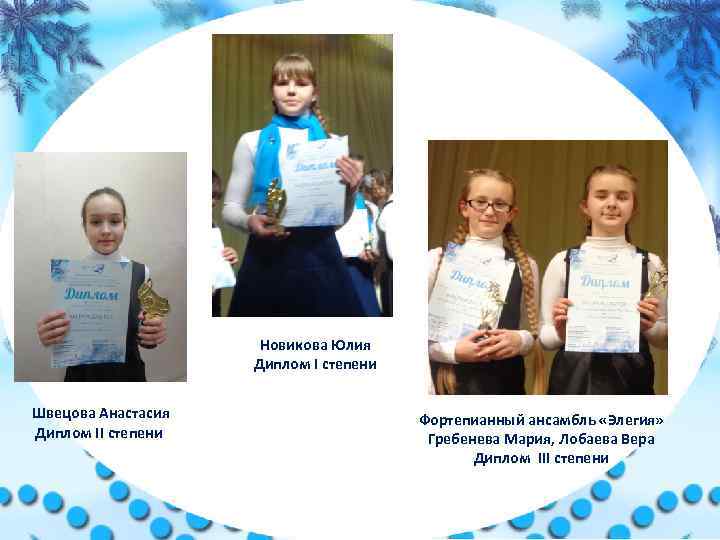 Новикова Юлия Диплом I степени Швецова Анастасия Диплом II степени Фортепианный ансамбль «Элегия» Гребенева