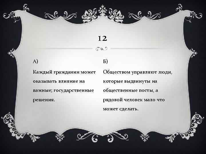 12 А) Б) Каждый гражданин может Обществом управляют люди, оказывать влияние на которые выдвинуты