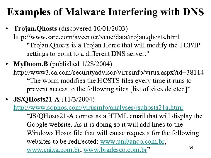 Examples of Malware Interfering with DNS • Trojan. Qhosts (discovered 10/01/2003) http: //www. sarc.