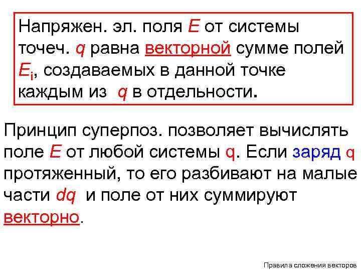 Напряжен. эл. поля Е от системы точеч. q равна векторной сумме полей Еi, создаваемых