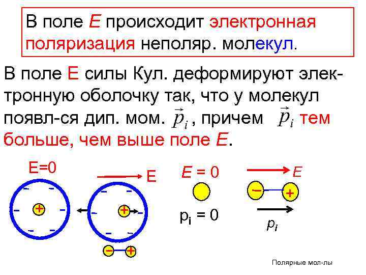 В поле Е происходит электронная поляризация неполяр. молекул. В поле Е силы Кул. деформируют
