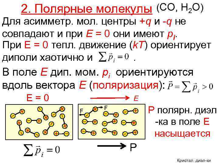 2. Полярные молекулы (СО, Н 2 О) Для асимметр. мол. центры +q и -q