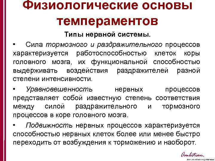 Физиологические основы темпераментов Типы нервной системы. • Сила тормозного и раздражительного процессов характеризуется работоспособностью