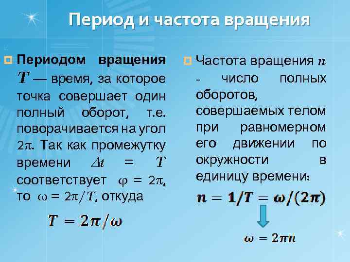 Период и частота вращения ¤ Периодом вращения T — время, за которое точка совершает