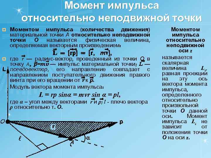 Момент импульса относительно неподвижной точки ¤ Моментом импульса (количества движения) материальной точки А относительно