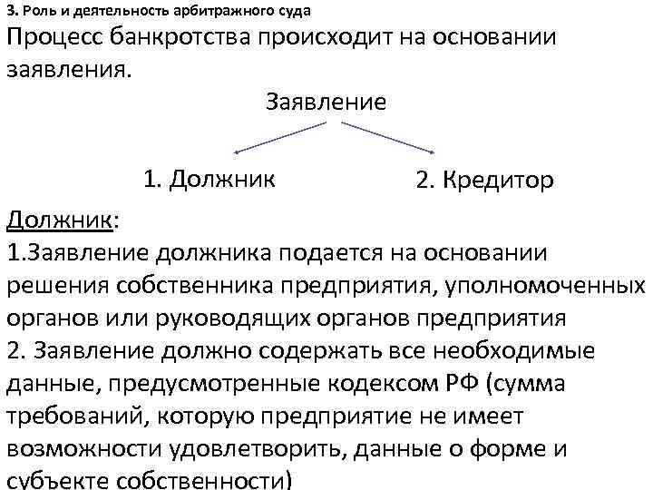 3. Роль и деятельность арбитражного суда Процесс банкротства происходит на основании заявления. Заявление 1.