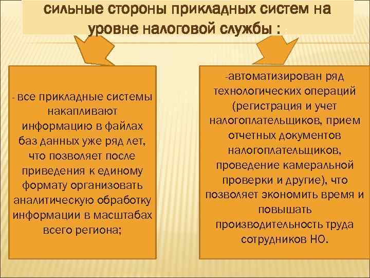 сильные стороны прикладных систем на уровне налоговой службы : : -автоматизирован - все прикладные