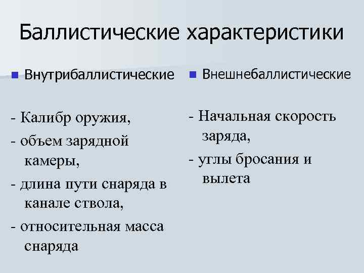 Баллистические характеристики n Внутрибаллистические - Калибр оружия, - объем зарядной камеры, - длина пути