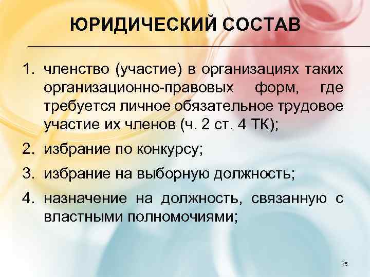 ЮРИДИЧЕСКИЙ СОСТАВ 1. членство (участие) в организациях таких организационно-правовых форм, где требуется личное обязательное