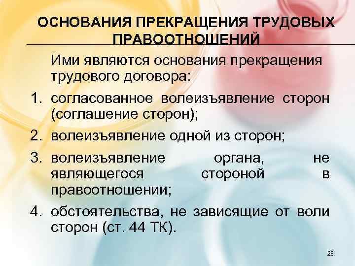 ОСНОВАНИЯ ПРЕКРАЩЕНИЯ ТРУДОВЫХ ПРАВООТНОШЕНИЙ Ими являются основания прекращения трудового договора: 1. согласованное волеизъявление сторон