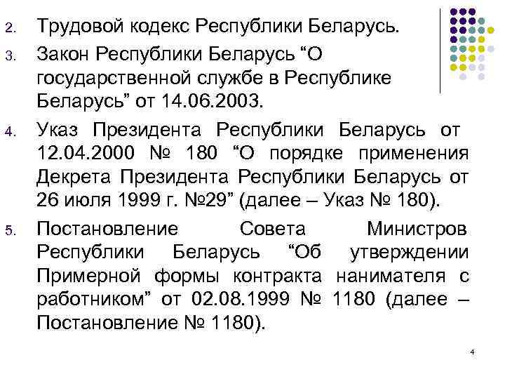 2. 3. 4. 5. Трудовой кодекс Республики Беларусь. Закон Республики Беларусь “О государственной службе