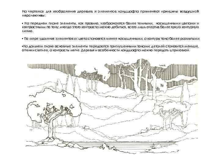 На чертежах для изображения деревьев и элементов ландшафта применяют принципы воздушной перспективы: • На