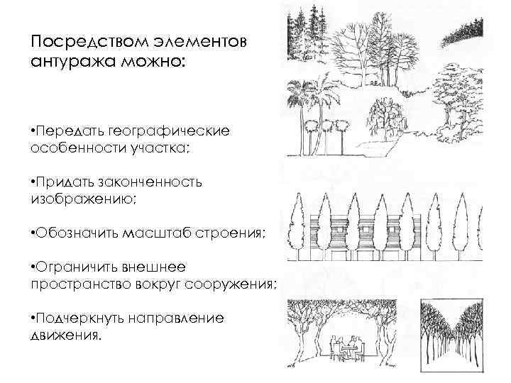 Посредством элементов антуража можно: • Передать географические особенности участка; • Придать законченность изображению; •