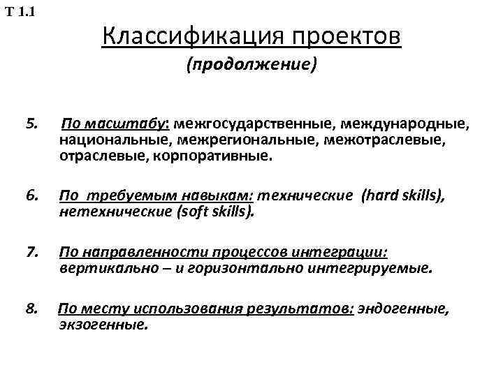 Т 1. 1 Классификация проектов (продолжение) 5. По масштабу: межгосударственные, международные, национальные, межрегиональные, межотраслевые,