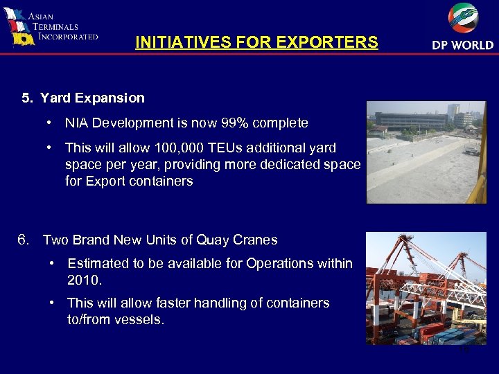 INITIATIVES FOR EXPORTERS 5. Yard Expansion • NIA Development is now 99% complete •