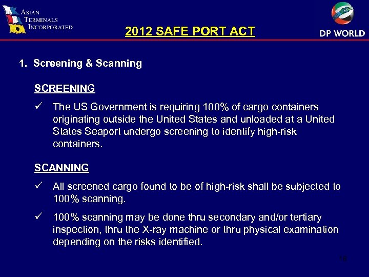 2012 SAFE PORT ACT 1. Screening & Scanning SCREENING ü The US Government is