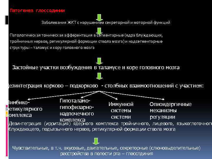 Патогенез глоссодинии Заболевания ЖКТ с нарушением секреторной и моторной функций Патологическая тоническая афферентация в