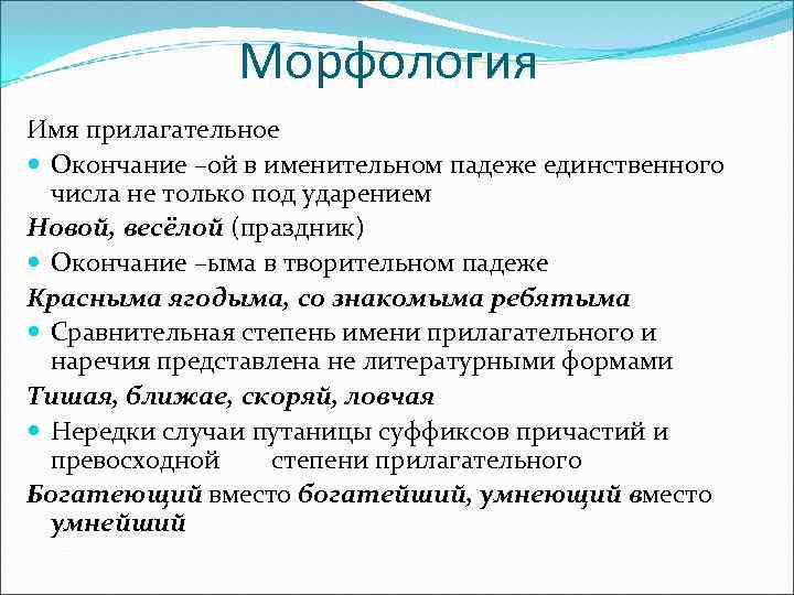 Морфология Имя прилагательное Окончание –ой в именительном падеже единственного числа не только под ударением