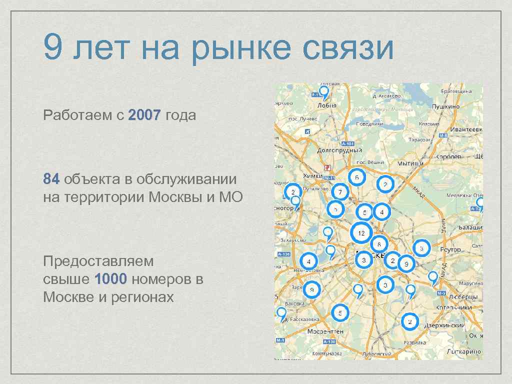 9 лет на рынке связи Работаем с 2007 года 2007 84 объекта в обслуживании