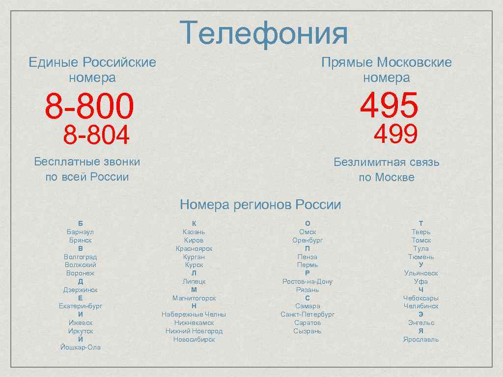 Телефония Единые Российские номера Прямые Московские номера 8 -800 495 Бесплатные звонки по всей
