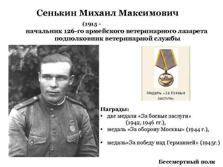 Сенькин Михаил Максимович (1915 - начальник 126 -го армейского ветеринарного лазарета подполковник ветеринарной службы