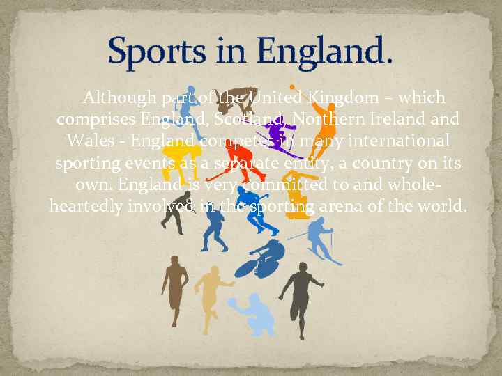 Sports in England. Although part of the United Kingdom – which comprises England, Scotland,