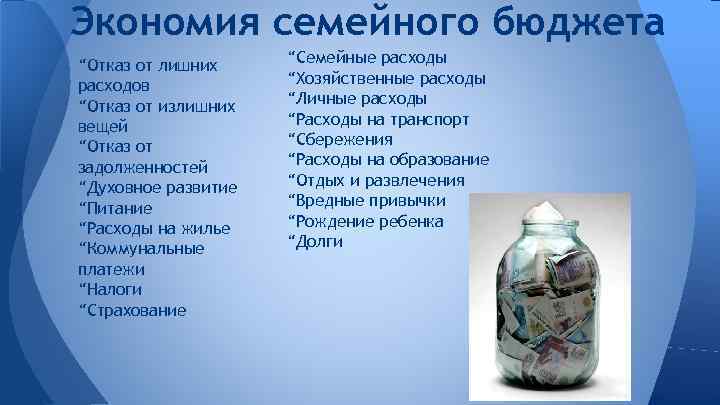 Экономия семейного бюджета “Отказ от лишних расходов “Отказ от излишних вещей “Отказ от задолженностей