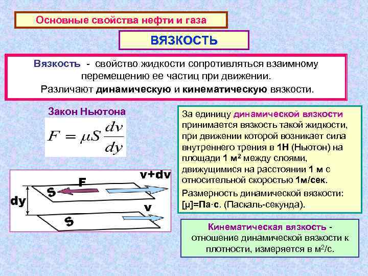Основные свойства нефти и газа ВЯЗКОСТЬ Вязкость - свойство жидкости сопротивляться взаимному перемещению ее