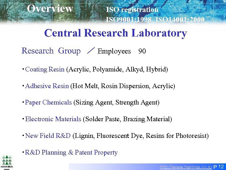 Overview ISO registration 　　　　　　 ISO 9001: 1998 ISO 14001: 2000　 Central Research Laboratory Research