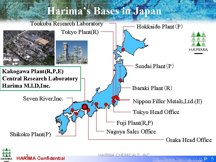 Harima’s Bases in Japan Toukuba Research Laboratory Tokyo Plant(R) Kakogawa Plant(R, P, E) Central