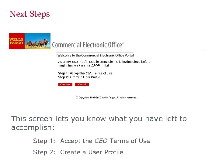 Next Steps This screen lets you know what you have left to accomplish: Step