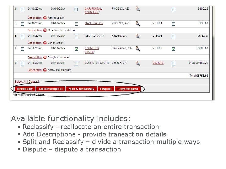 Available functionality includes: § § Reclassify - reallocate an entire transaction Add Descriptions -
