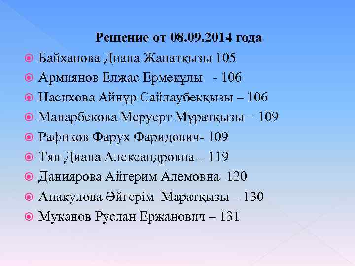  Решение от 08. 09. 2014 года Байханова Диана Жанатқызы 105 Армиянов Елжас Ермекұлы