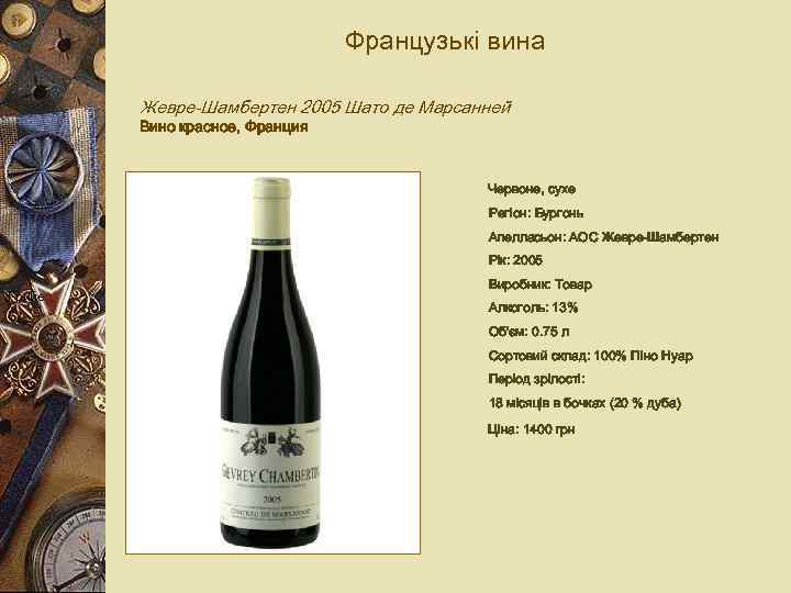 Французькі вина Жевре-Шамбертен 2005 Шато де Марсанней Вино красное, Франция Червоне, сухе Регіон: Бургонь