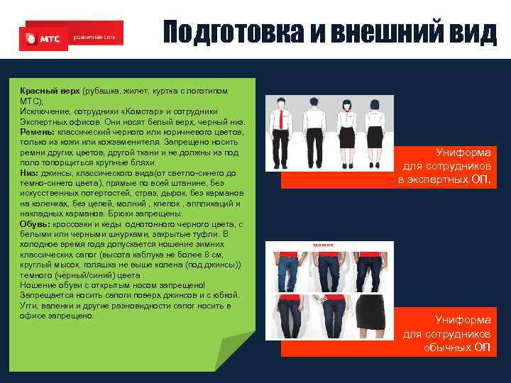 Подготовка и внешний вид Красный верх (рубашка, жилет, куртка с логотипом МТС); Исключение, сотрудники