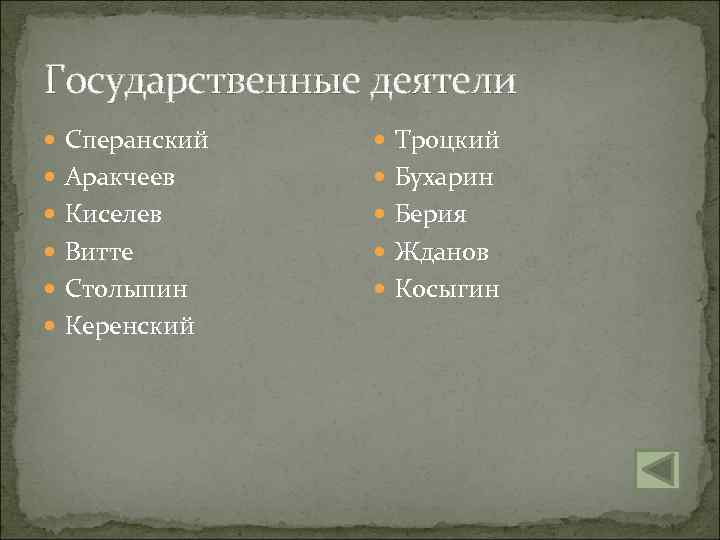 Государственные деятели Сперанский Троцкий Аракчеев Бухарин Киселев Берия Витте Жданов Столыпин Косыгин Керенский 