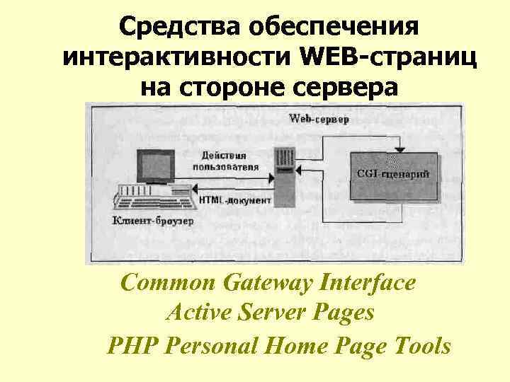 Средства обеспечения интерактивности WEB-страниц на стороне сервера Common Gateway Interface Active Server Pages PHP