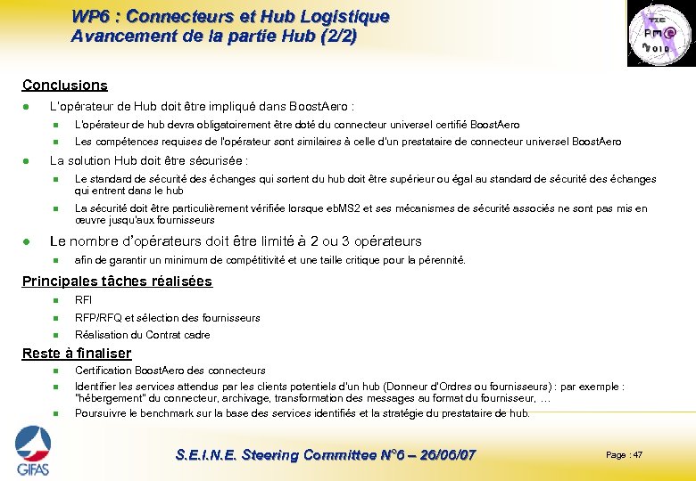 WP 6 : Connecteurs et Hub Logistique Avancement de la partie Hub (2/2) Conclusions