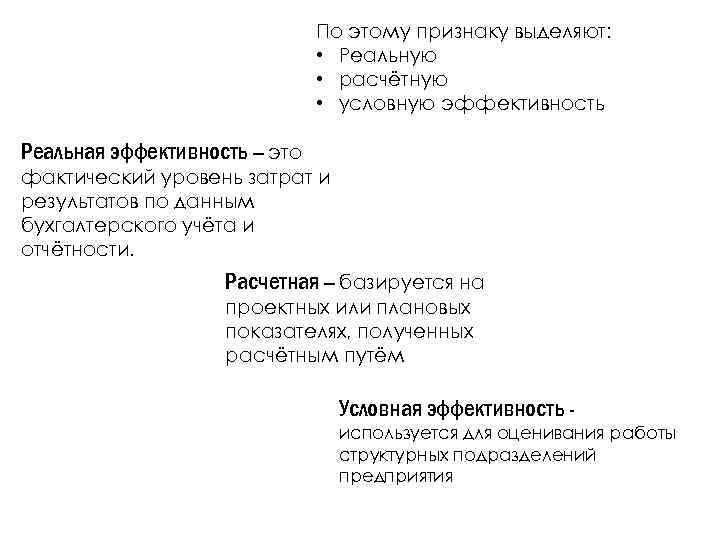 По этому признаку выделяют: • Реальную • расчётную • условную эффективность Реальная эффективность —