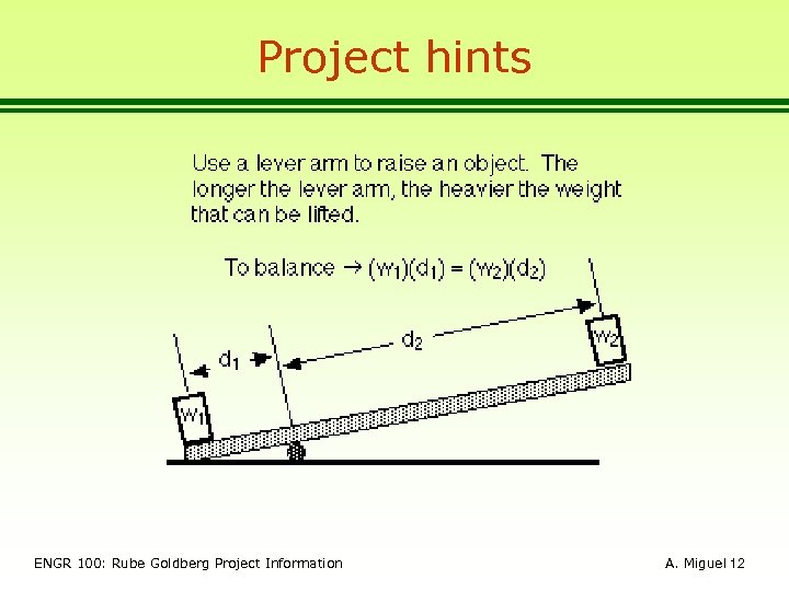 Project hints ENGR 100: Rube Goldberg Project Information A. Miguel 12 